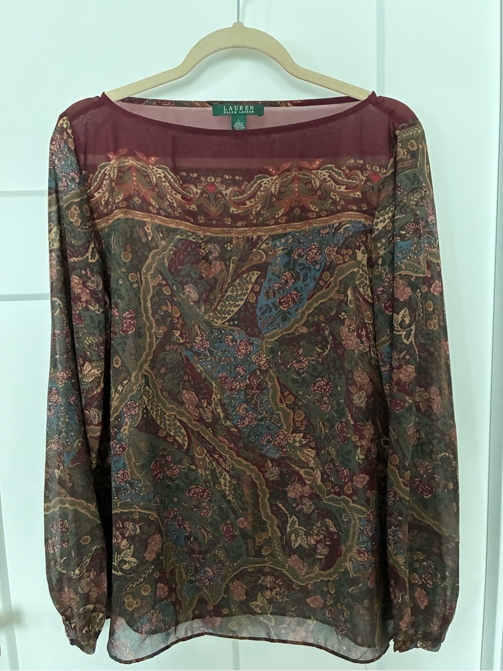 Lauren Ralph Lauren Paisley Sheer Blouse - Burgundy, Olive, Teal
